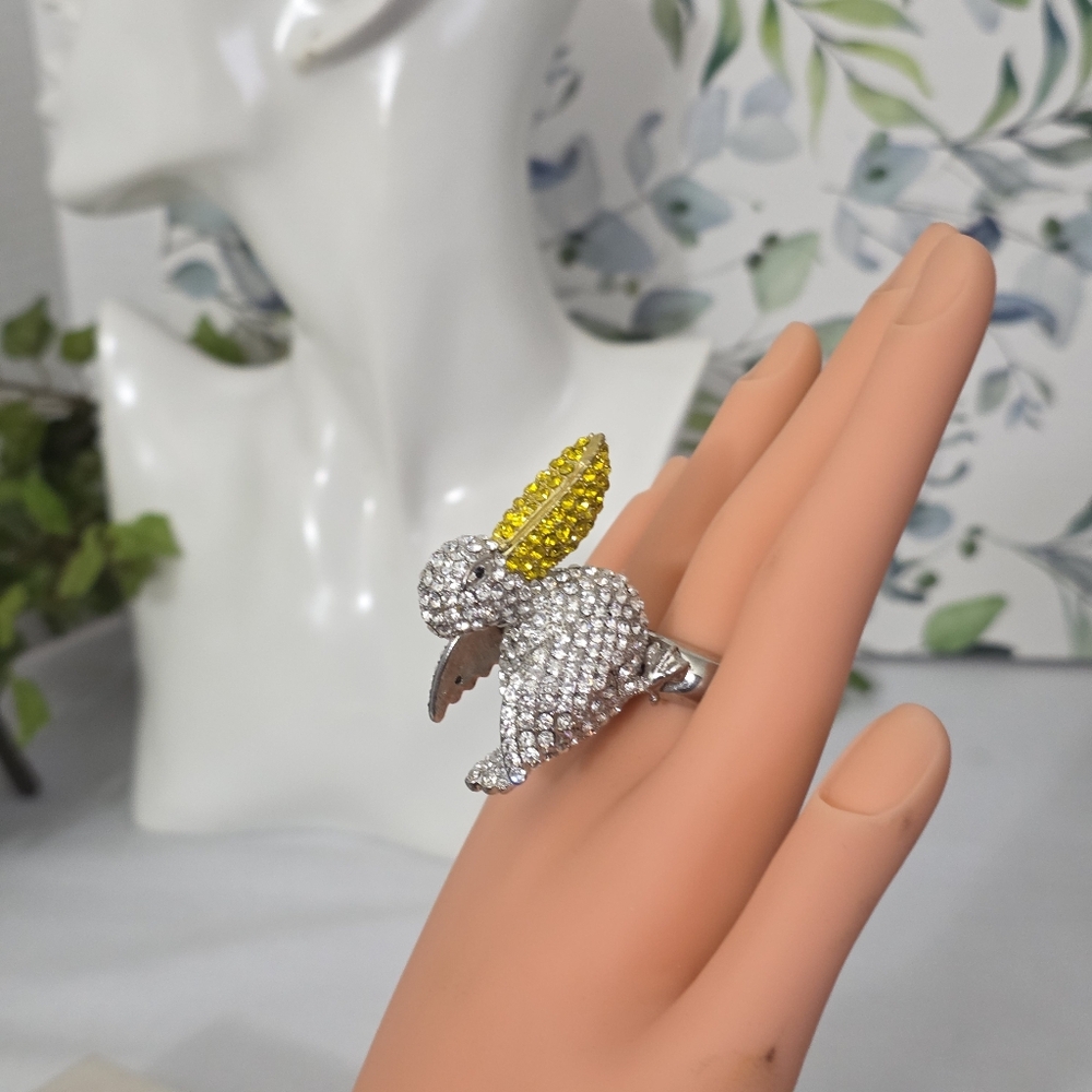 Large Statement Pelican Stretch Ring Rhinestone C… - image 4